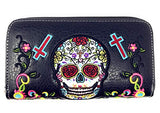 Western Sugar Skull Womens Embroidery Flora Cross Double Zipper Wallet