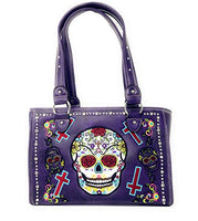 Western Sugar Skull Womens Embroidery Cross Rhinestone Concealed Carry Handbag in 5 colors (Purple)