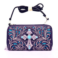 Western Laser Cut Floral Agate Cross Double Zipper Womens Wallet/Crossbody Bag