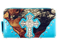 Premium Rhinestone Western Camouflage Cross Womens Shoulder Handbag Purse/Matching Wallet in 7 Colors (Blue)