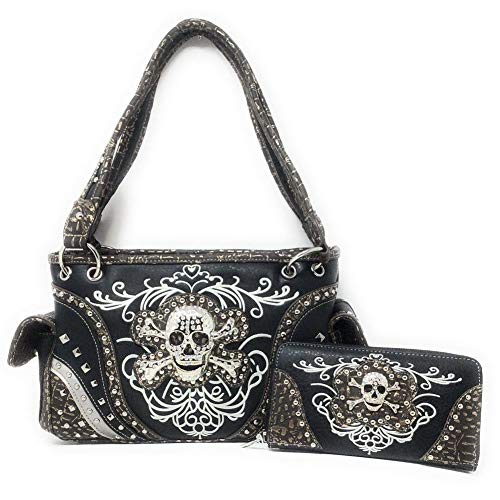 western rhinestone skull concho stitched handbag purse set 3 colors