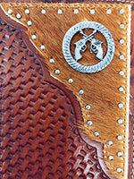 Premium Western Genuine Woven Leather Cow Fur Double Pistols Mens Bifold Wallet In 3 Color