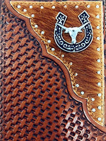 Premium Western Genuine Woven Leather Cow Fur Longhorn Mens Bifold Wallet In Multi Color