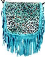 Western Genuine Leather Floral Tooled Fringe Womens Crossbody Bag 3 Color