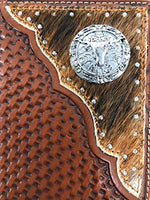 Premium Western Genuine Woven Leather Cow Fur Longhorn Mens Bifold Wallet In Multi Color